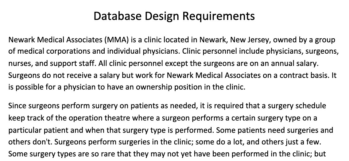 Database Design Requirements Newark Medical
