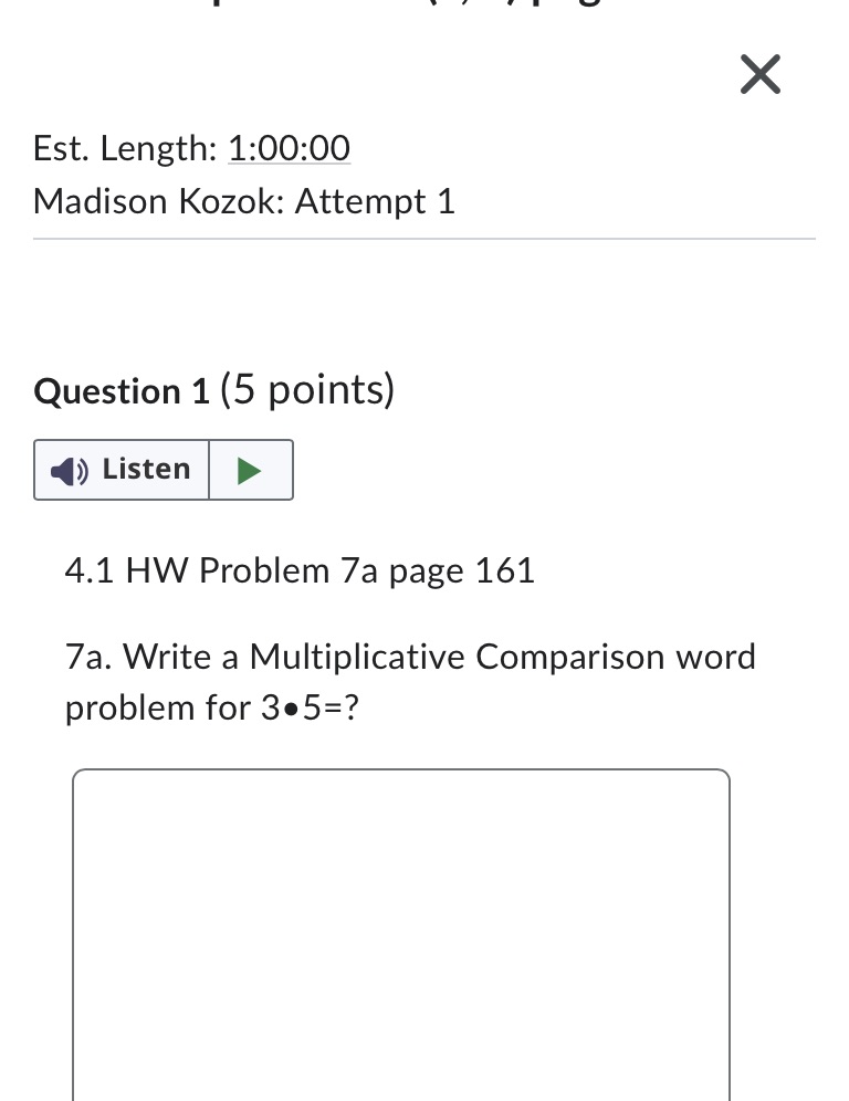 X Est. Length: 1:00:00 Madison Kozok: Attempt 1