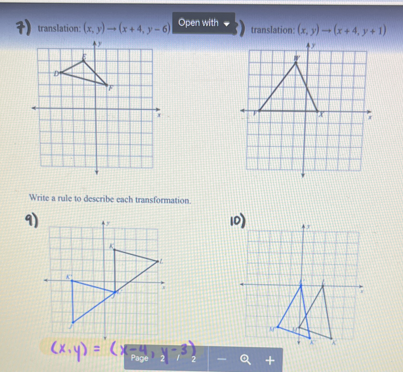 need help asap ! 7) translation: (x, y) - (x + 4,