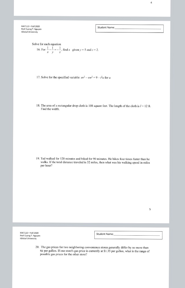 MAT110- Fall 2020 Student Name Prof Cuong T.