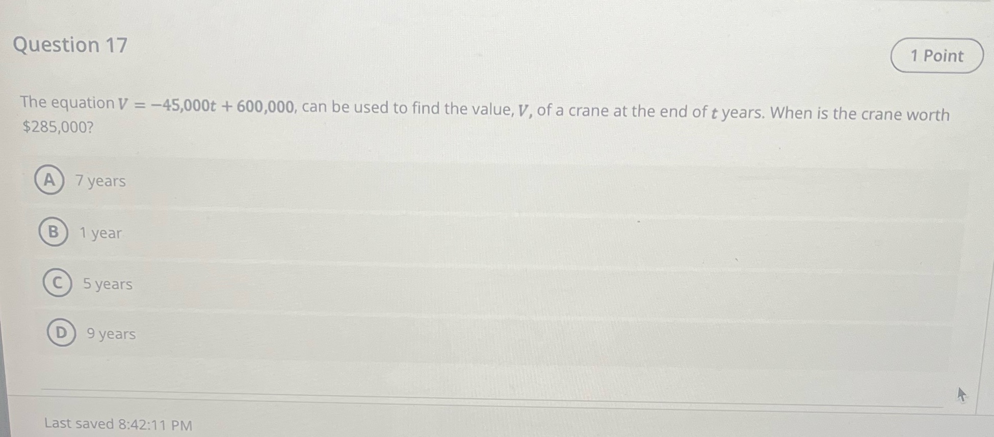 Question 17 1 Point The equation V = -45,000t +