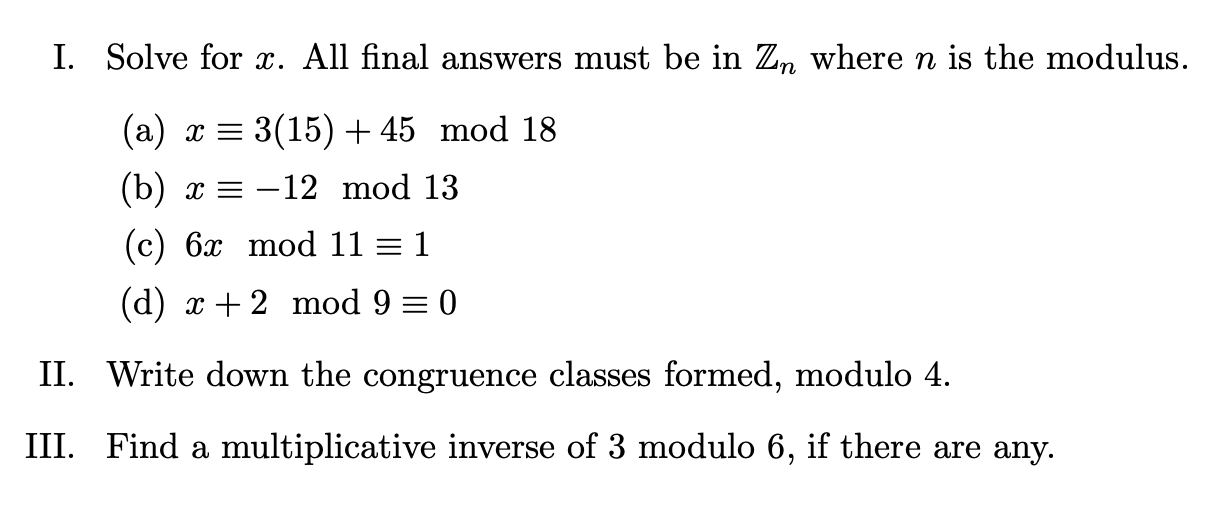 I. Solve for x. All final answers must be in Zn