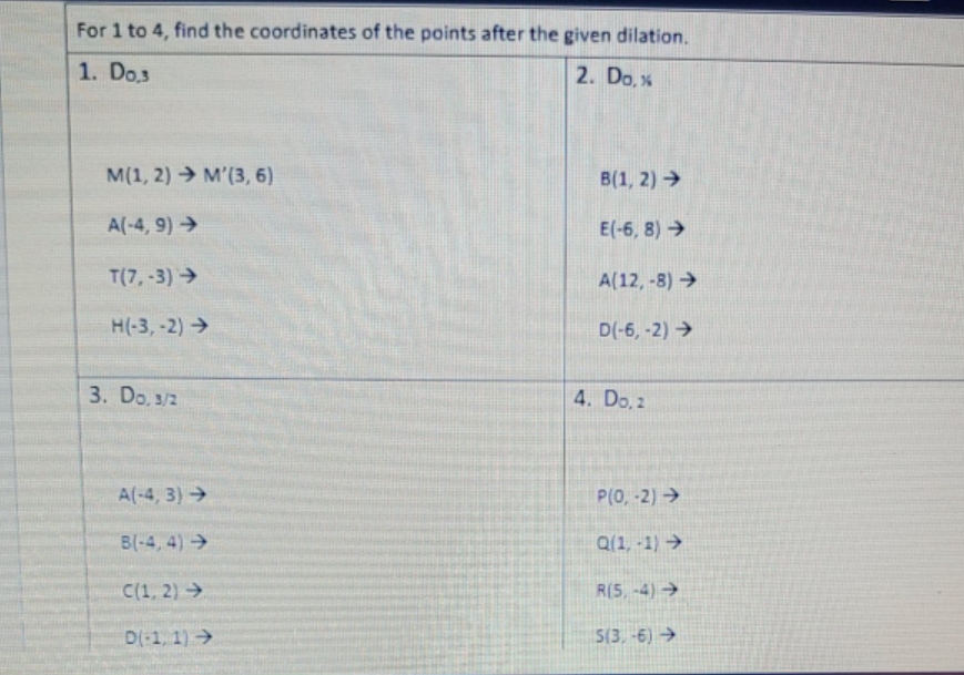 Dilation 1 to 4 find the coordinates of the