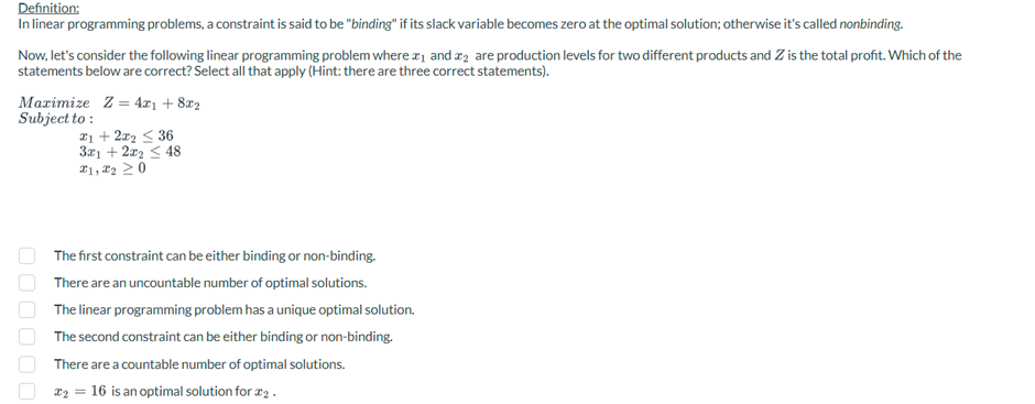 Definition: In linear programming problems, a