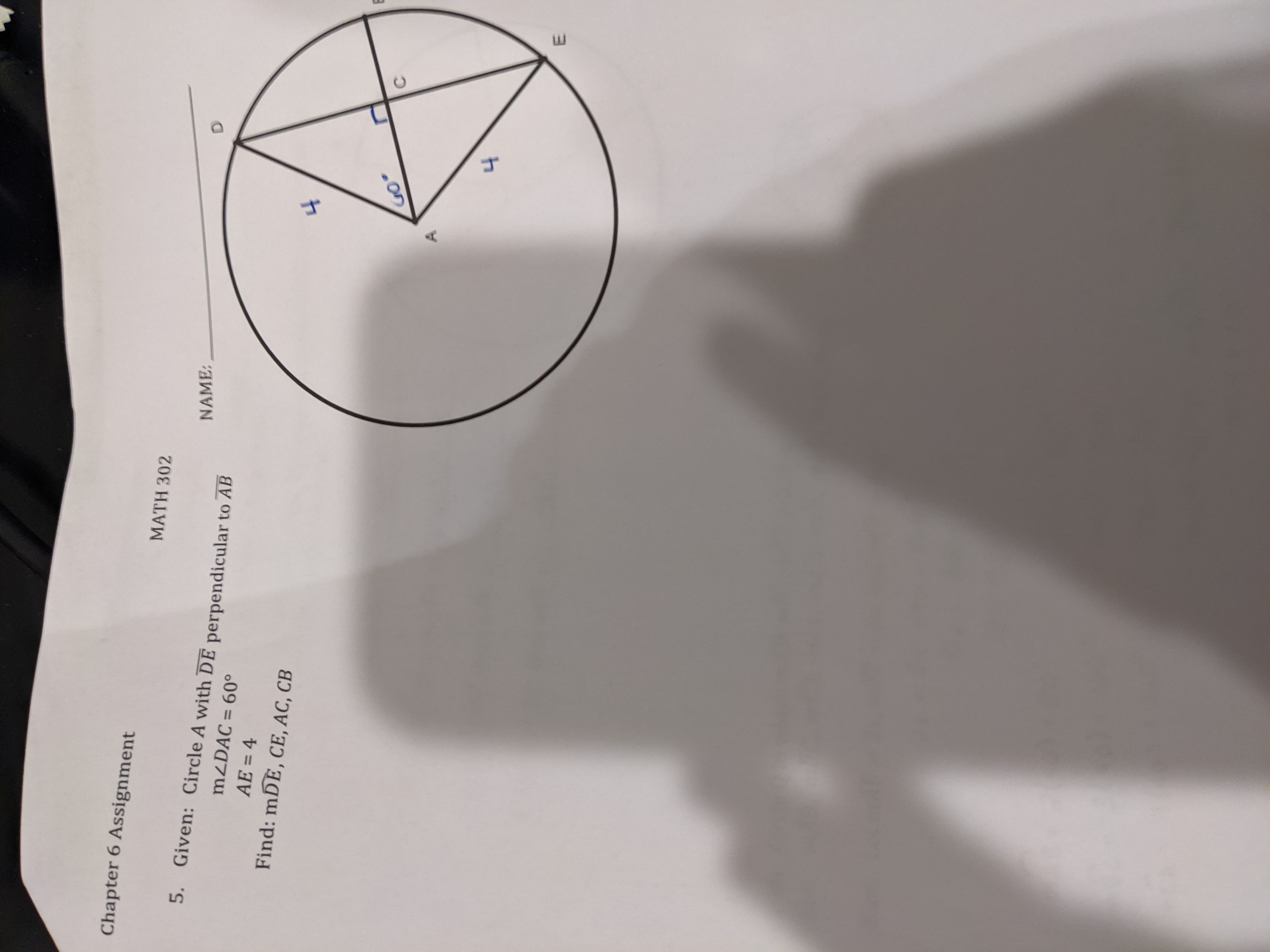 Given: Circle A with DE perpendicular to AB angle