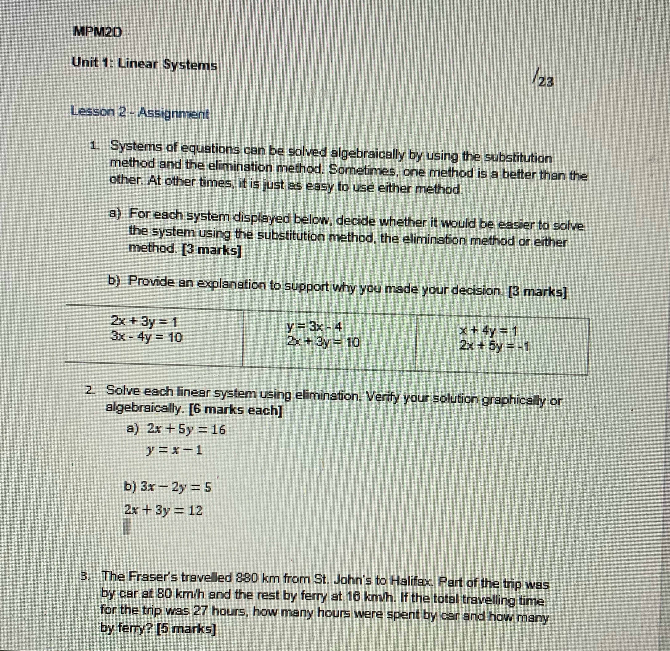 MPM2D Unit 1: Linear Systems /23 Lesson 2 -