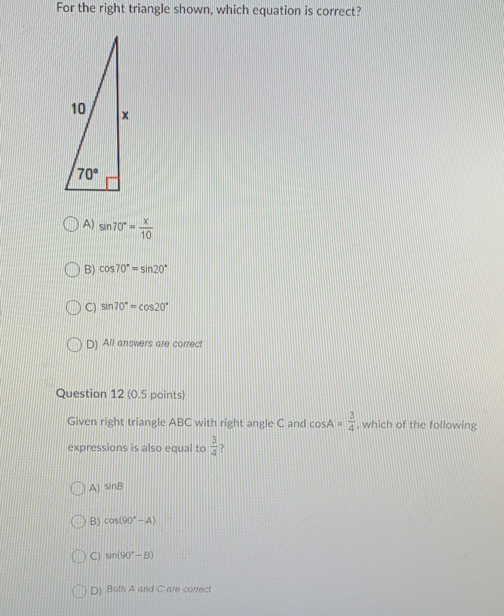 For the right triangle shown, which equation is