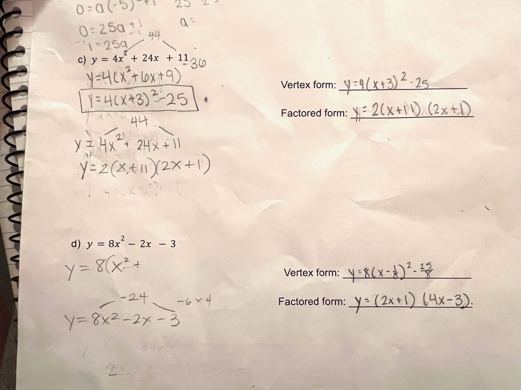 0 =0 ( - 5) 25 44 1 = 259 c) y = 4x + 24x + 11, y