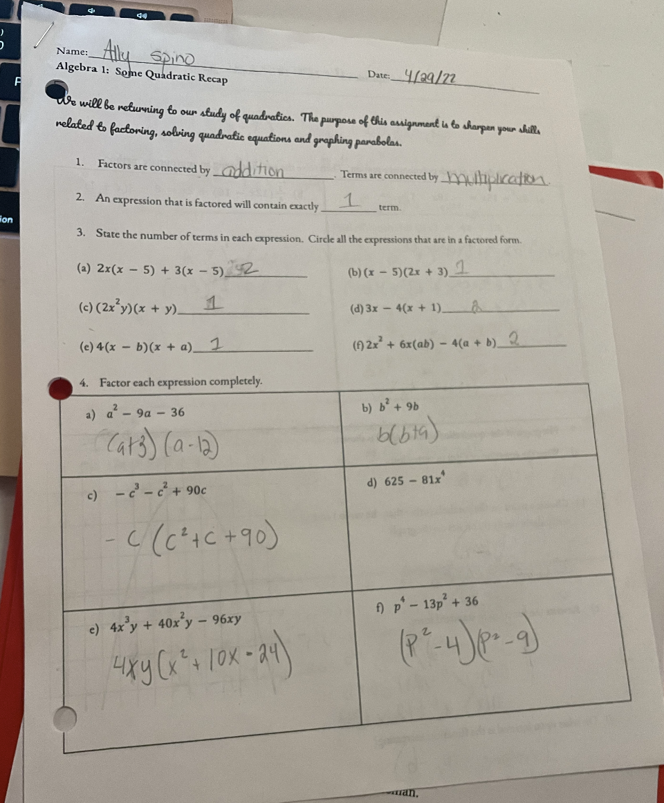 Name : Ally spino Algebra 1: Some Quadratic Recap