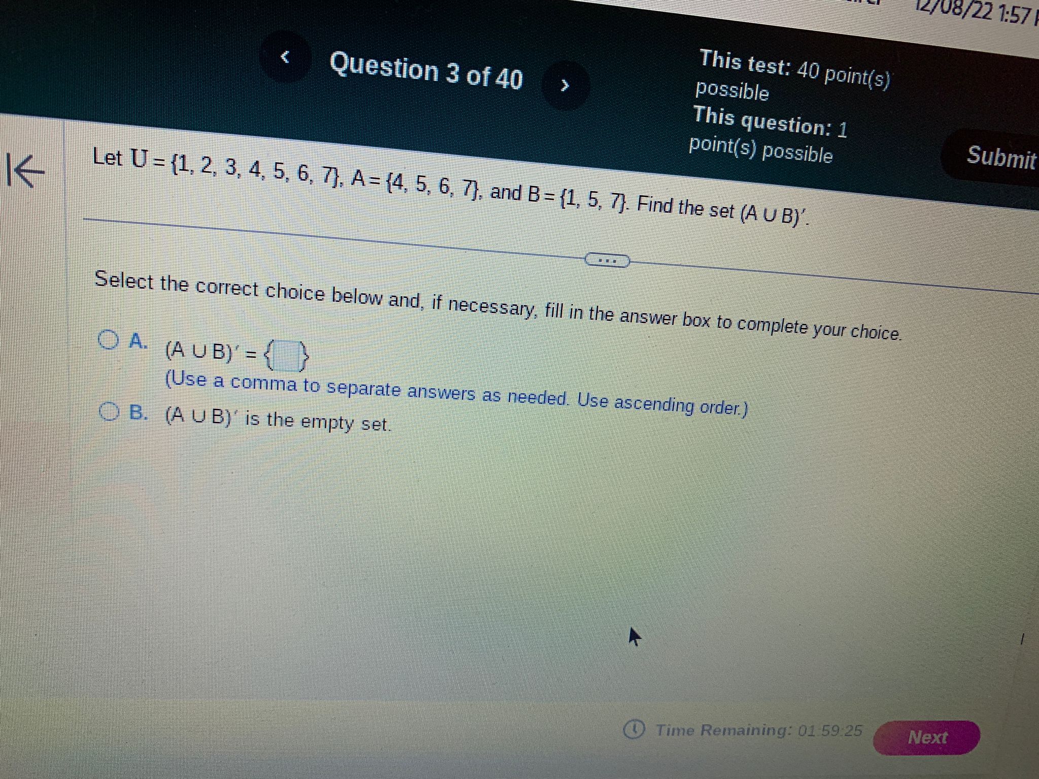 < Question 1 of 40 > Express the following set in