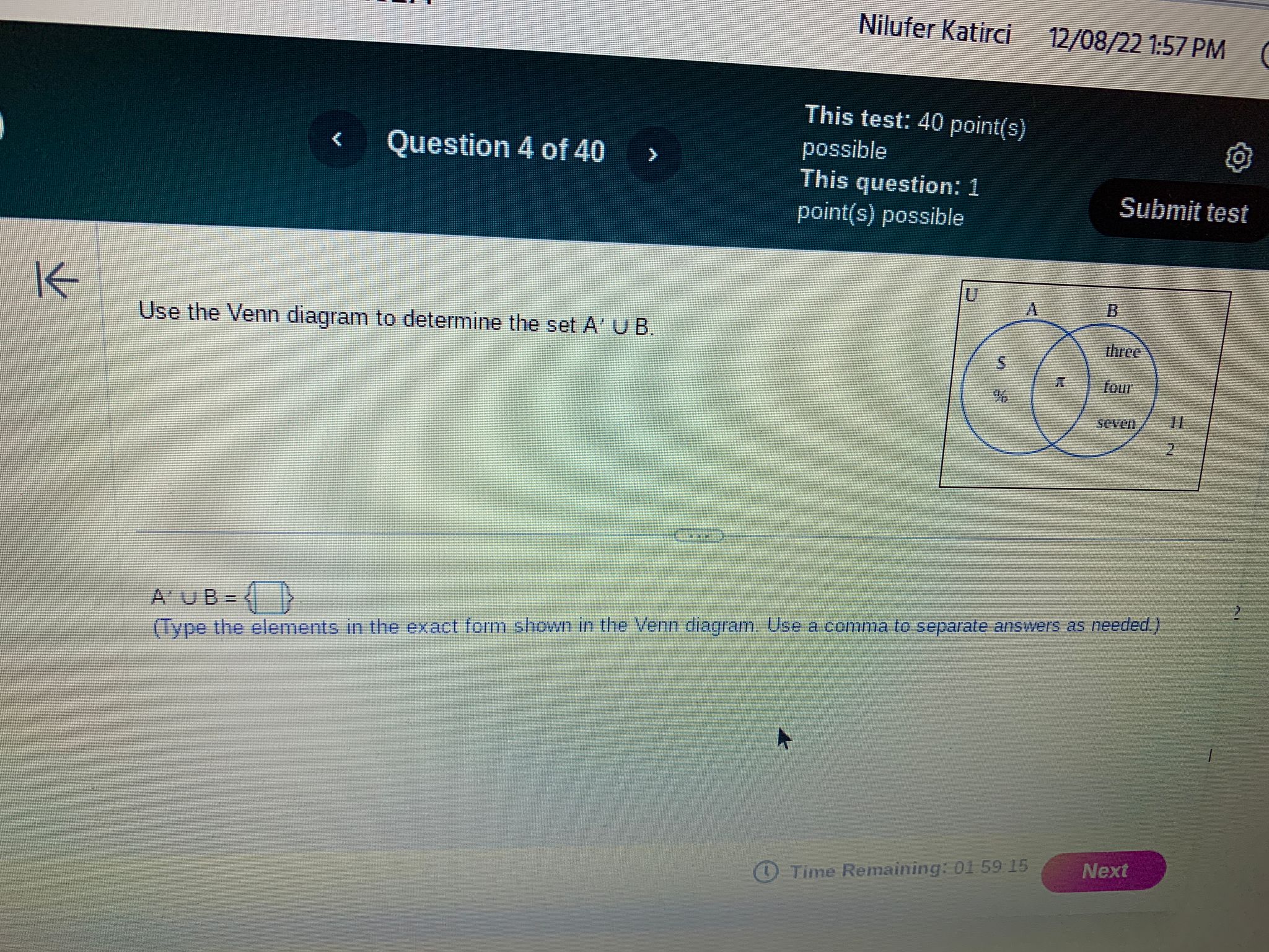 < Question 1 of 40 > Express the following set in