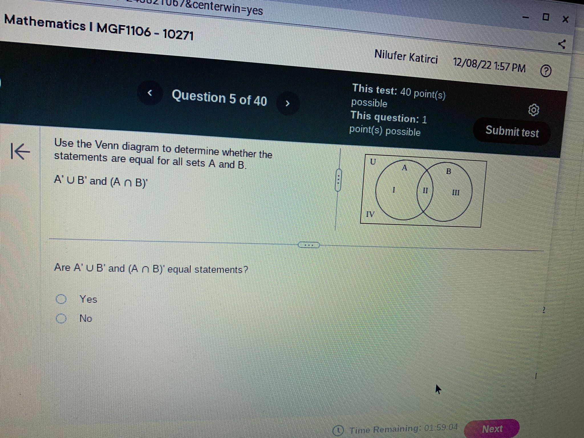 < Question 1 of 40 > Express the following set in