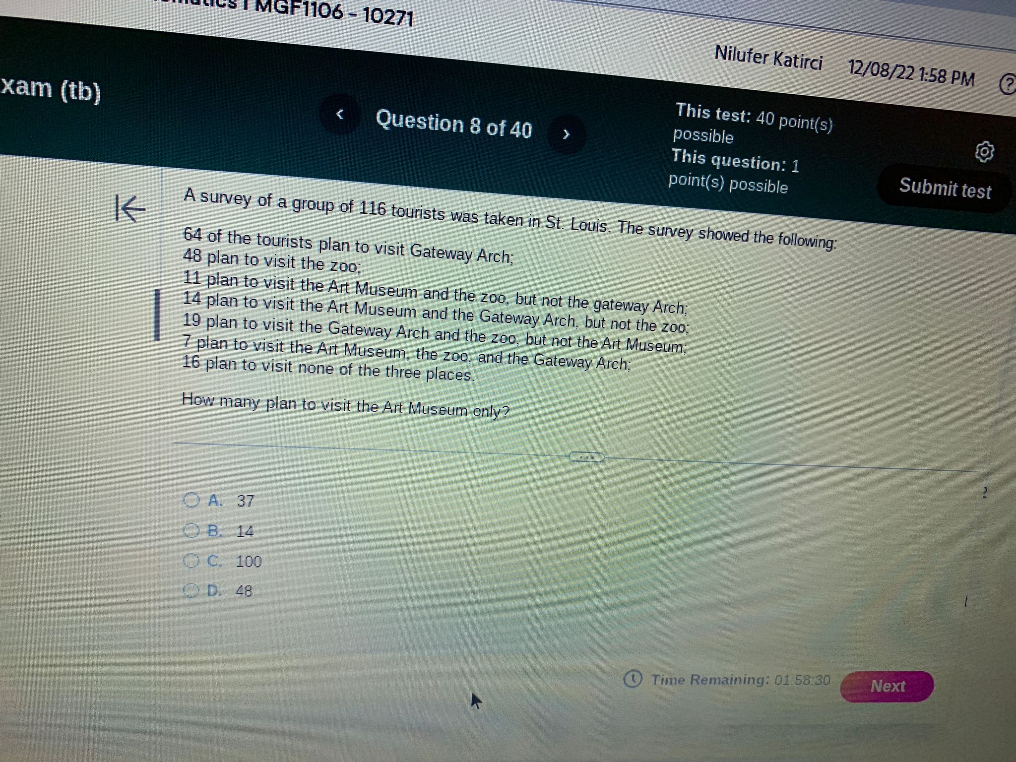 < Question 1 of 40 > Express the following set in