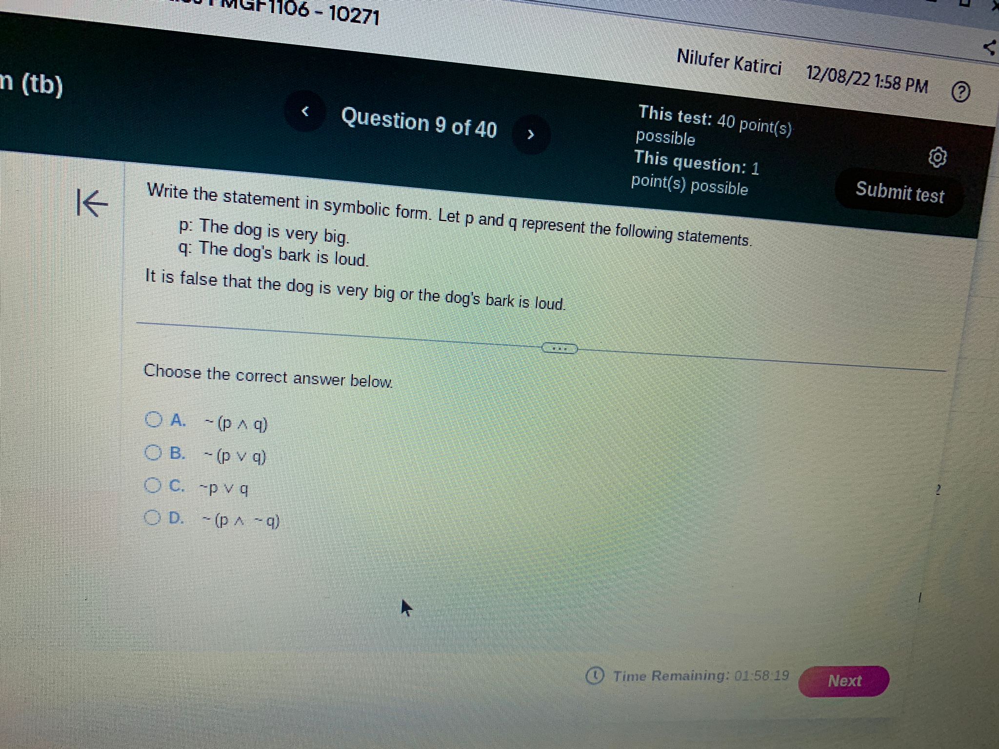 < Question 1 of 40 > Express the following set in