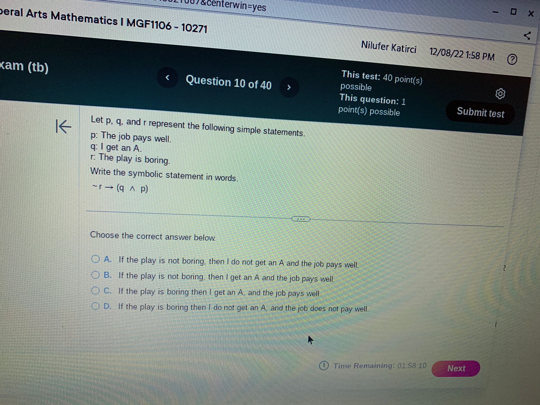 < Question 1 of 40 > Express the following set in