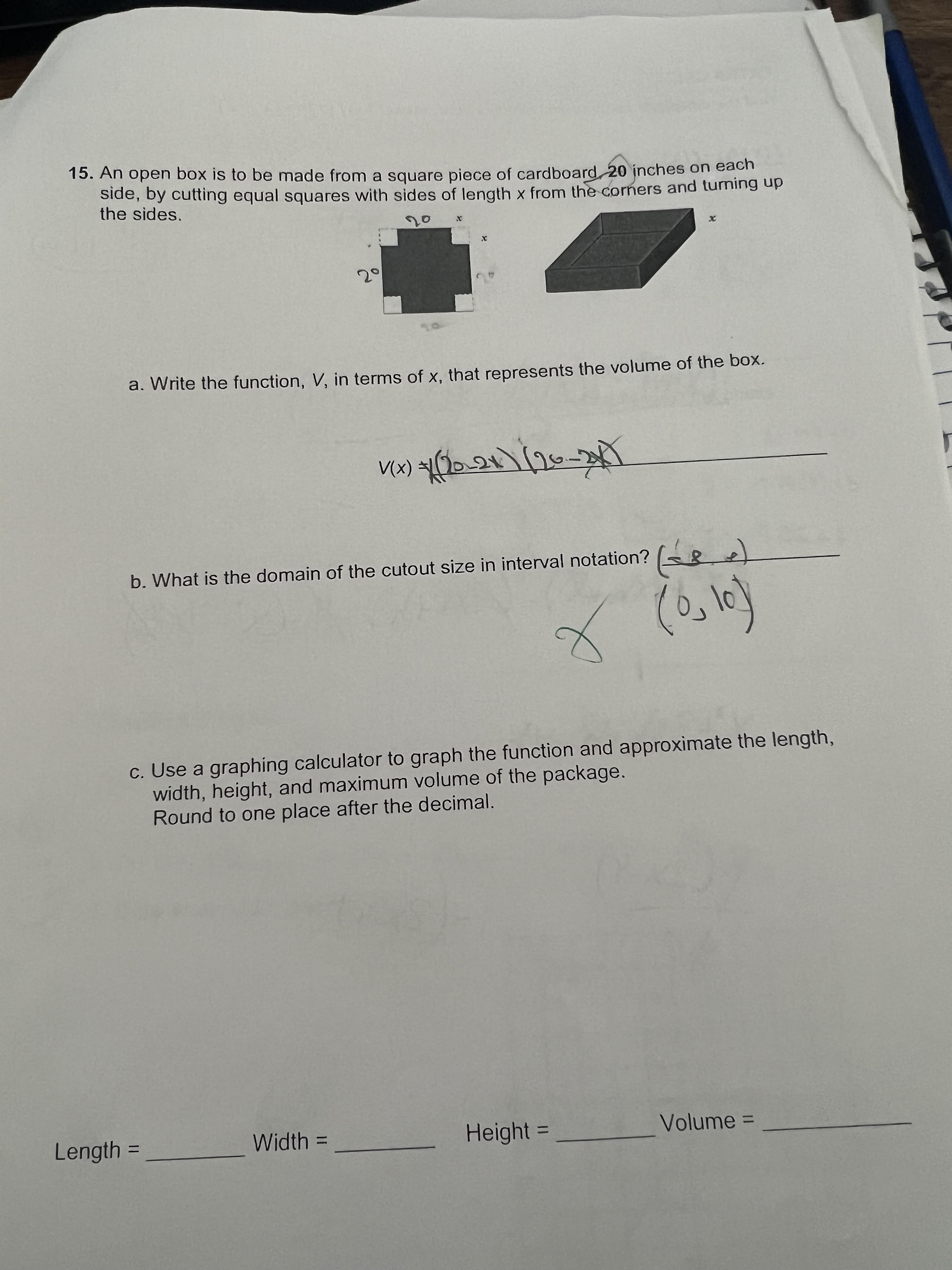 15. An open box is to be made from a square piece