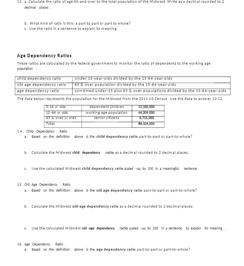 13. a. Calculate the ratio of age 65-and-over to