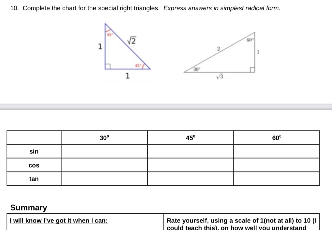 10. Complete the chart for the special right