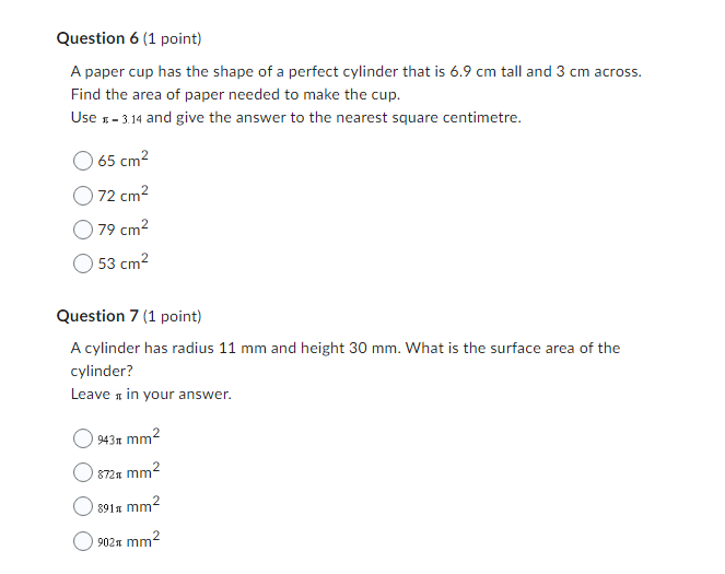 Question 1 (1 point) Find the surface area of