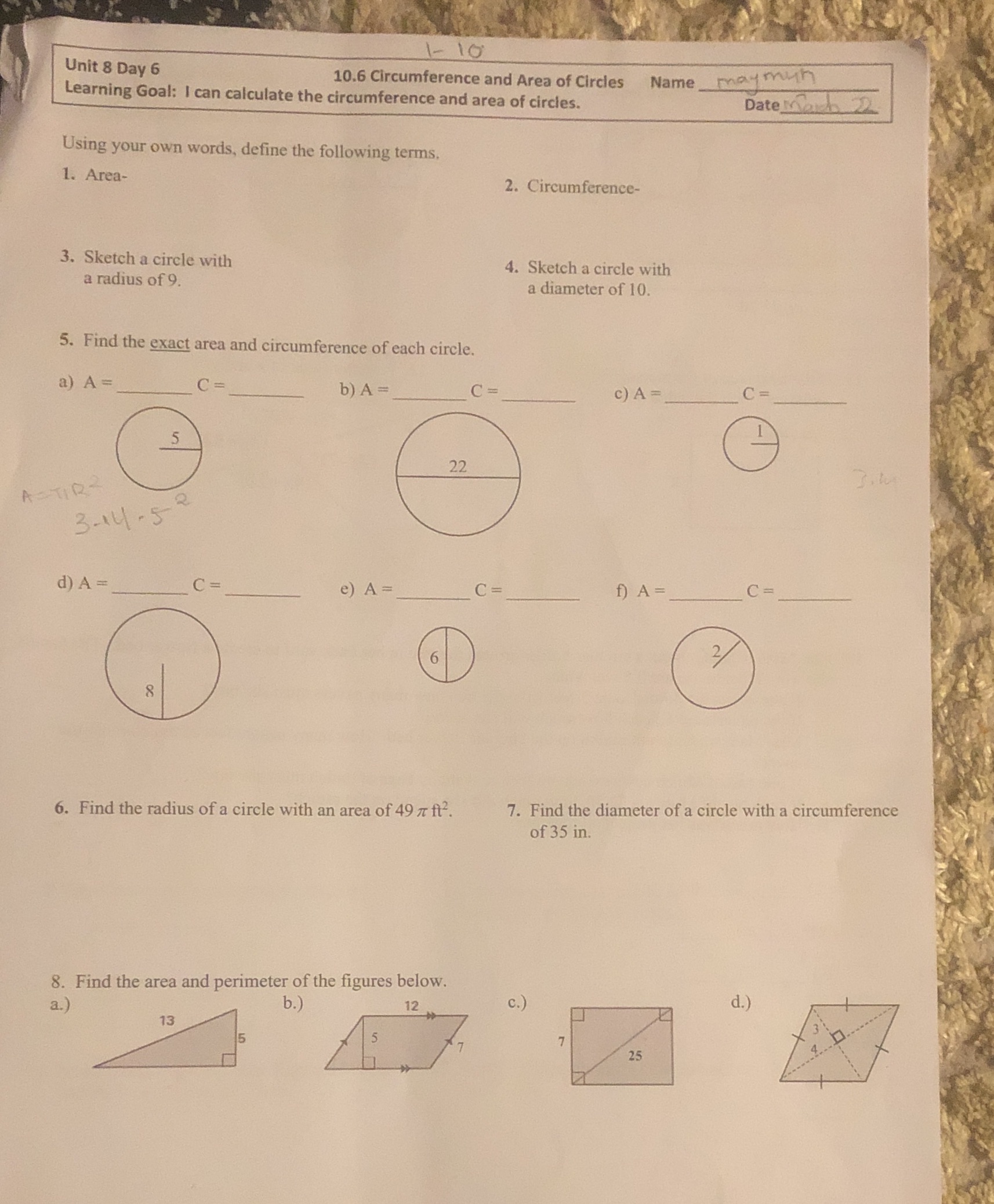 o 10' Unit 8 Day 6 10.6 Circumference and