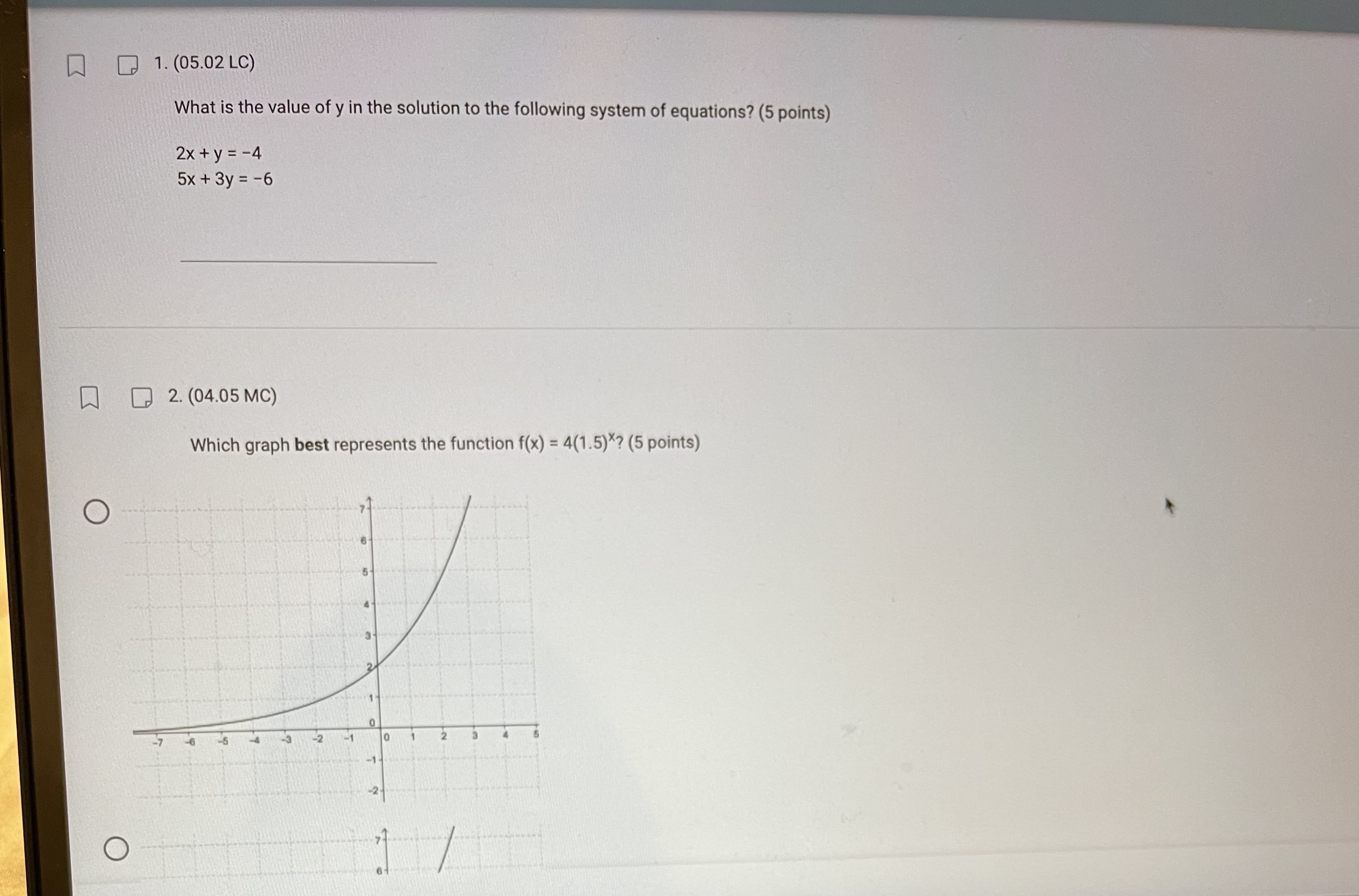 1. (05.02 LC) What is the value of y in the