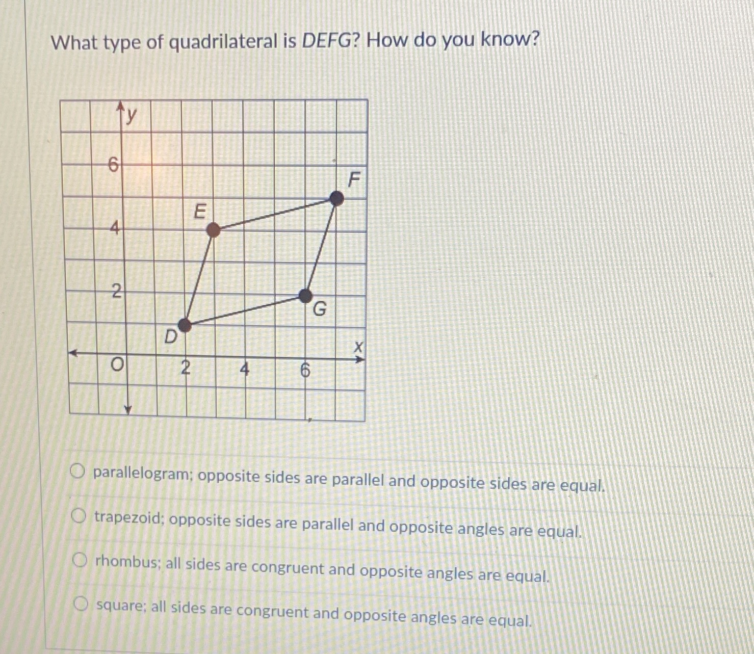What type of quadrilateral is DEFG? How do you