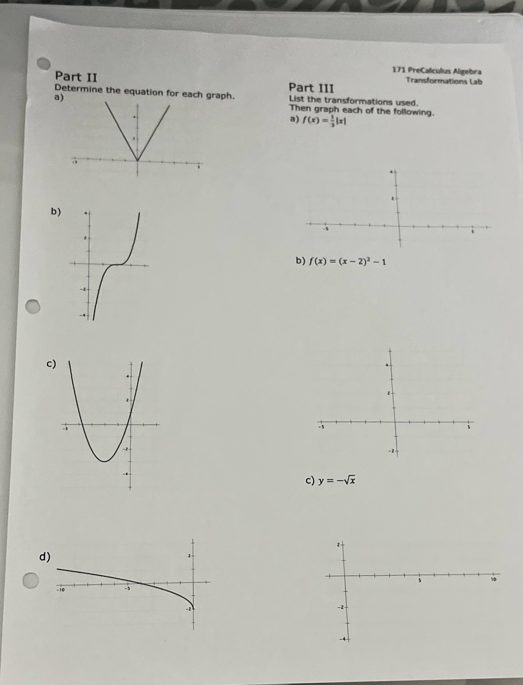 171 PreCalculus Algebra Transformations Lab Part