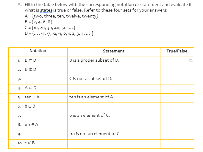 A. Fill in the table below with the corresponding
