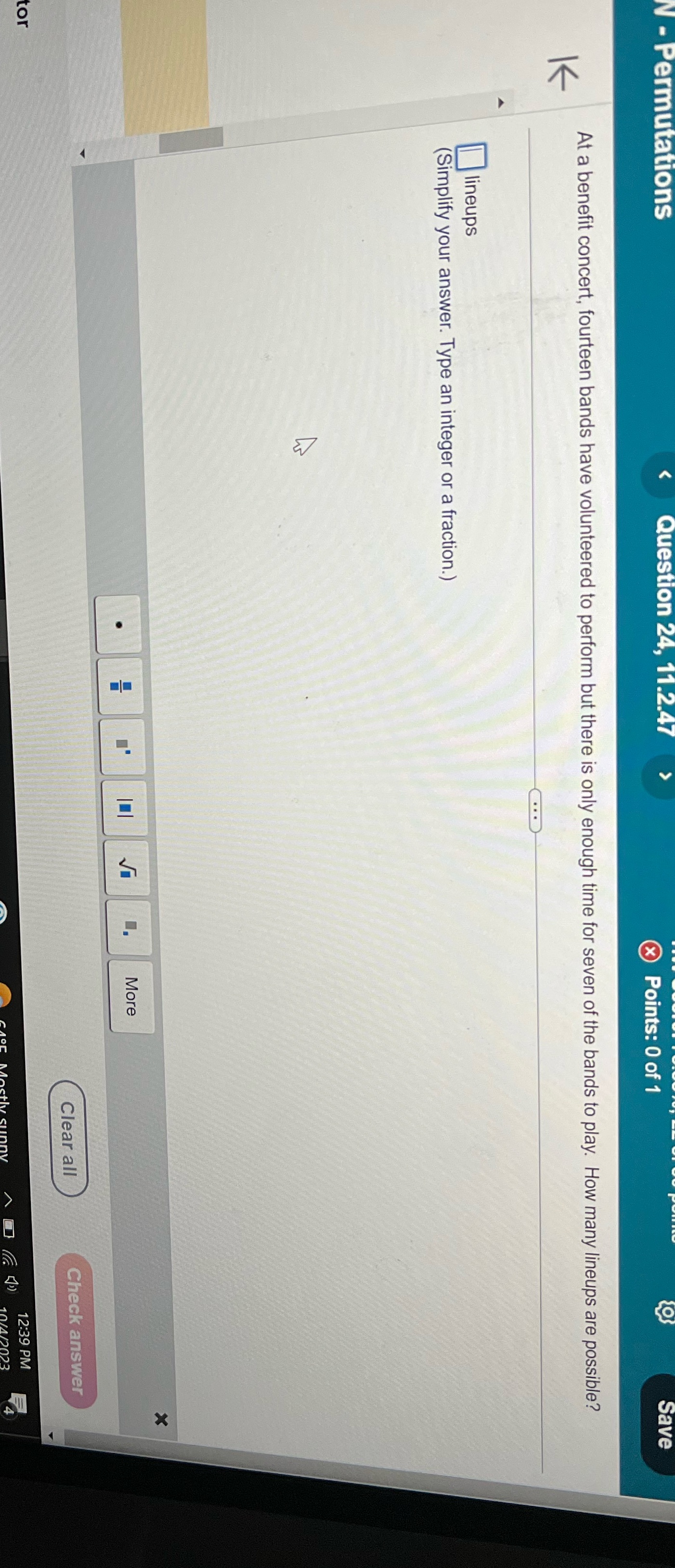 V - Permutations Question 24, Points: 0 of 1 Save