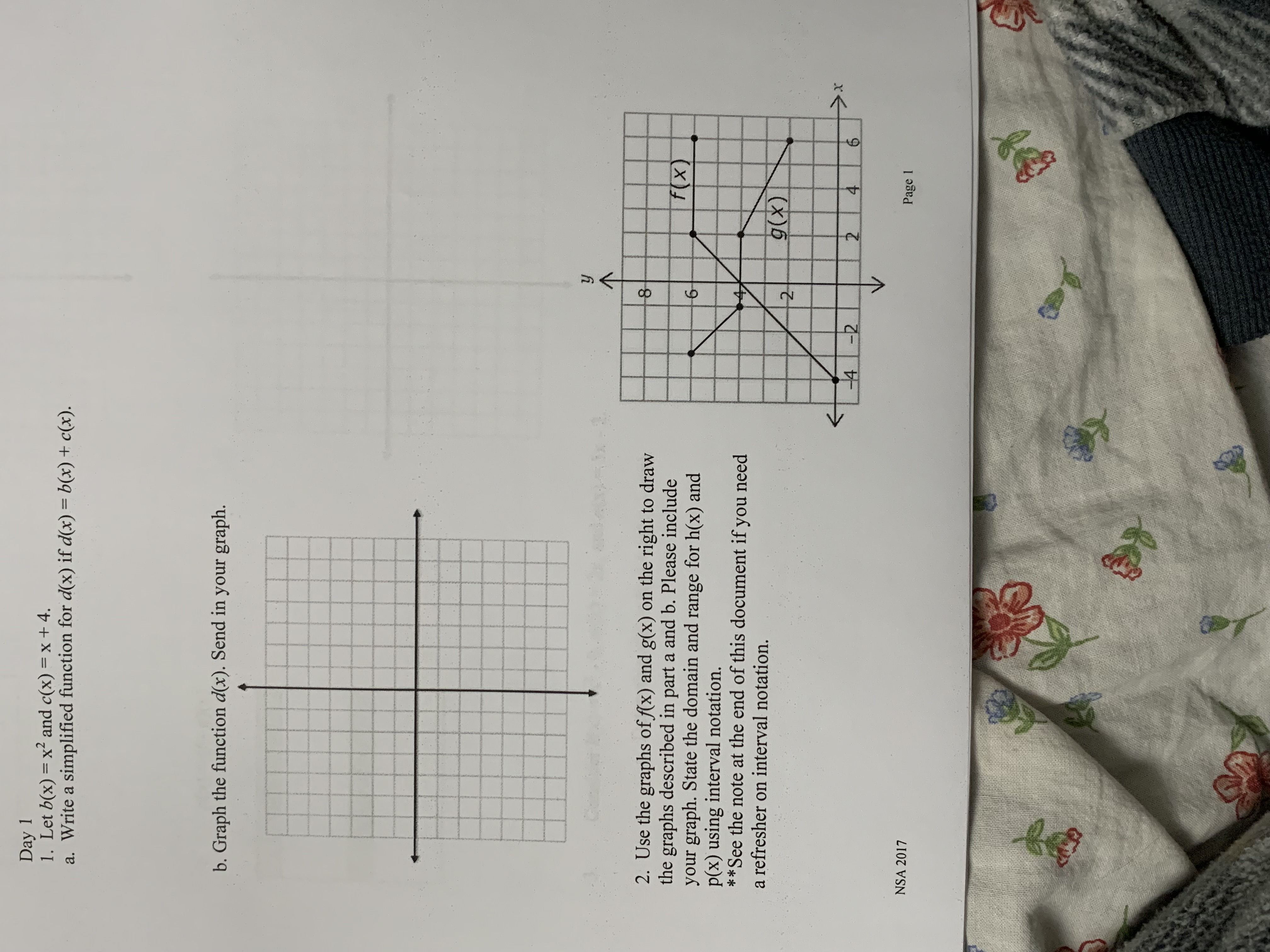 Day 1 1. Let b(x) = x2 and c(x) = x + 4. a. Write