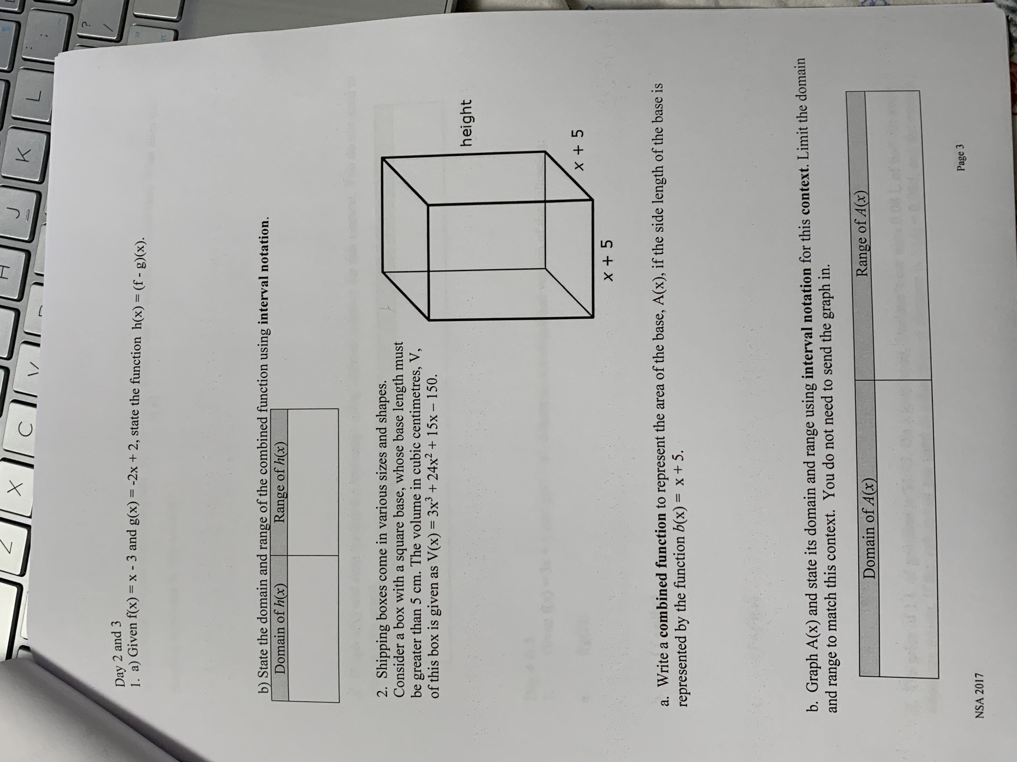 Day 1 1. Let b(x) = x2 and c(x) = x + 4. a. Write
