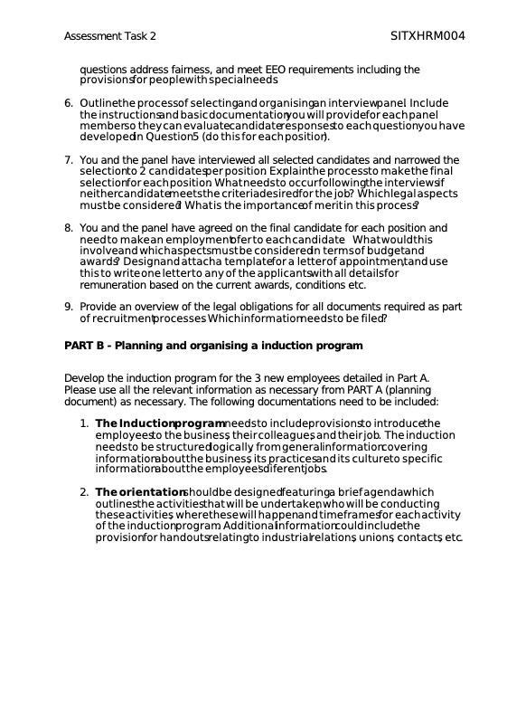 Assessment Task 2 SITXHRM004 questions address
