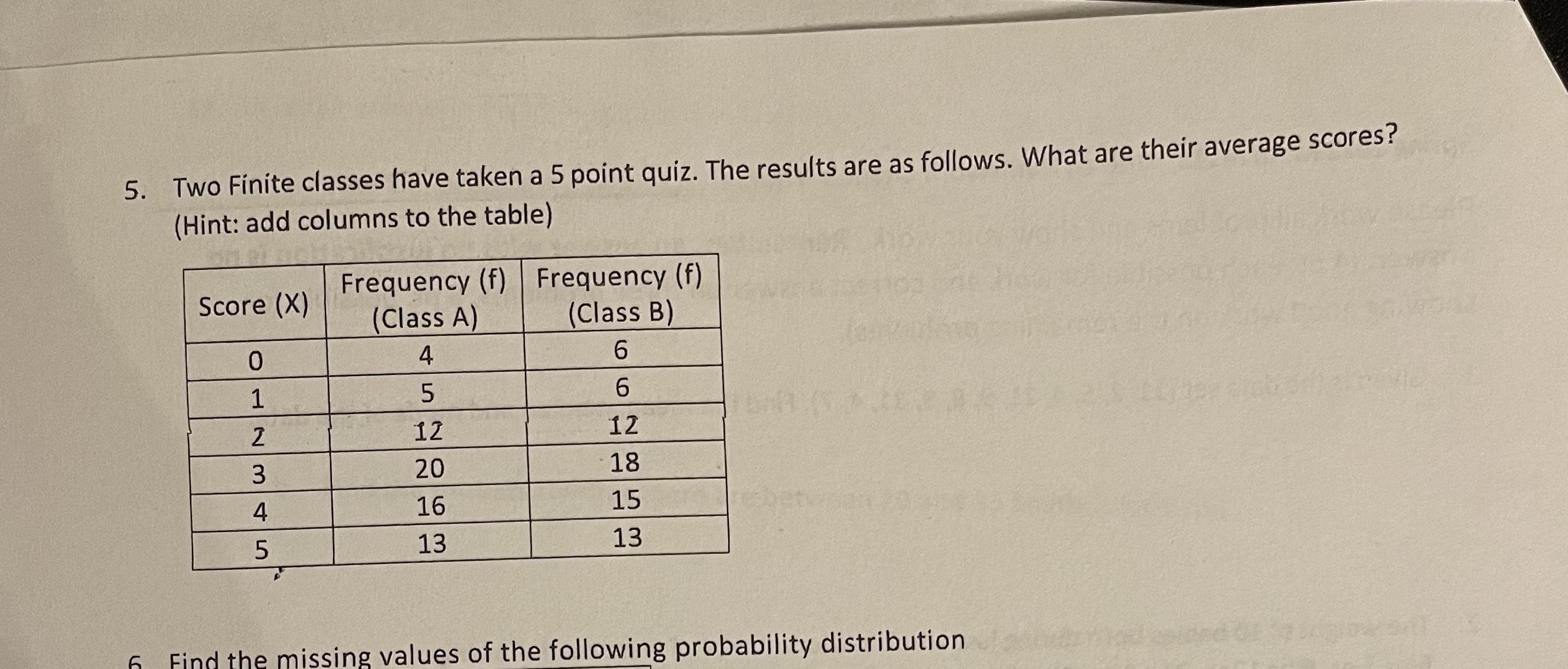 5. Two Finite classes have taken a 5 point quiz.