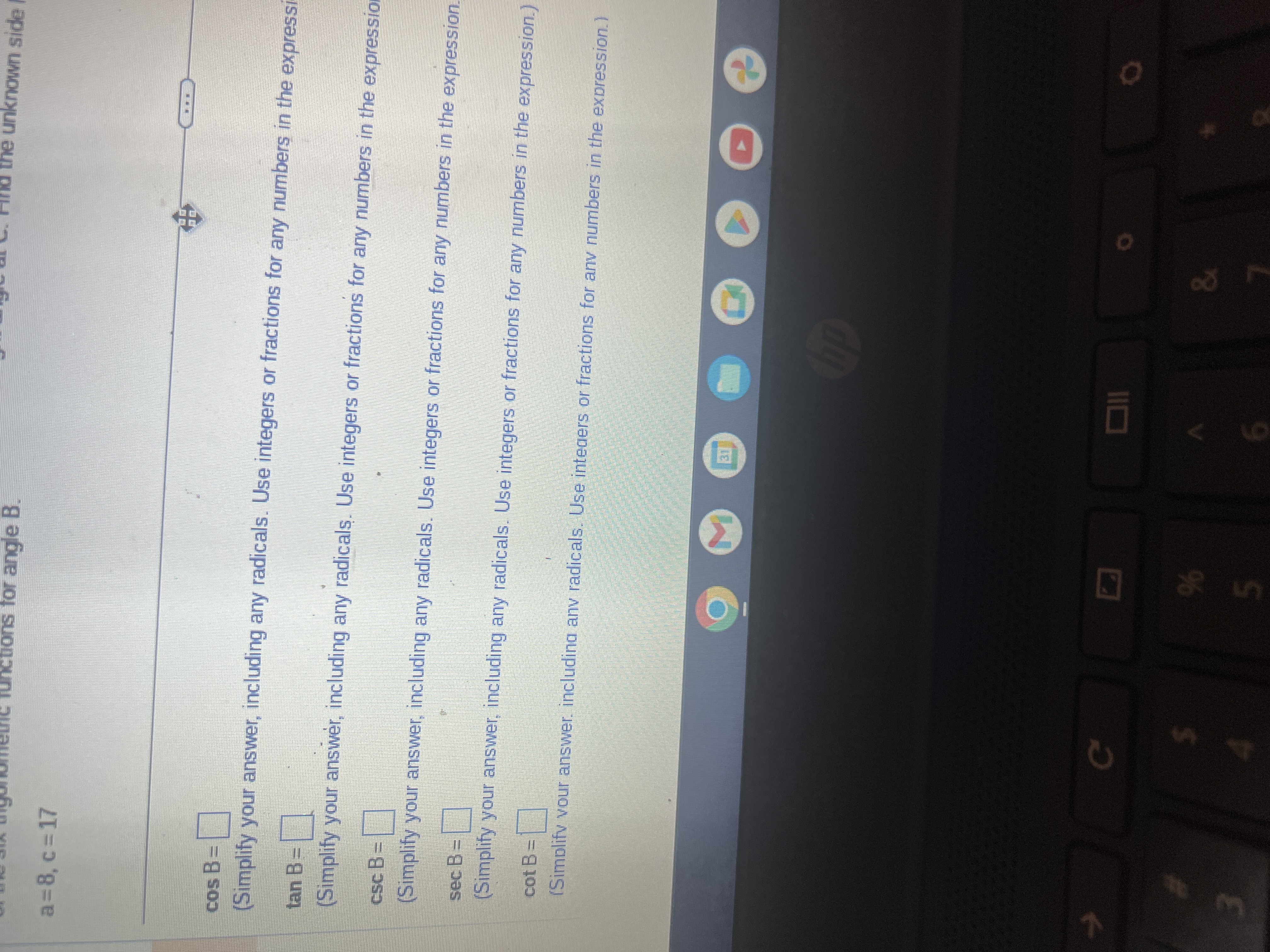 the unknown side unctions for angle B. a=8, c =