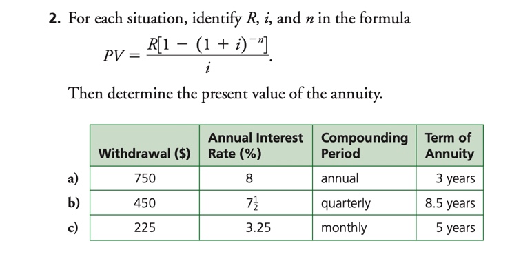 2. For each situation, identify R, i, and n in