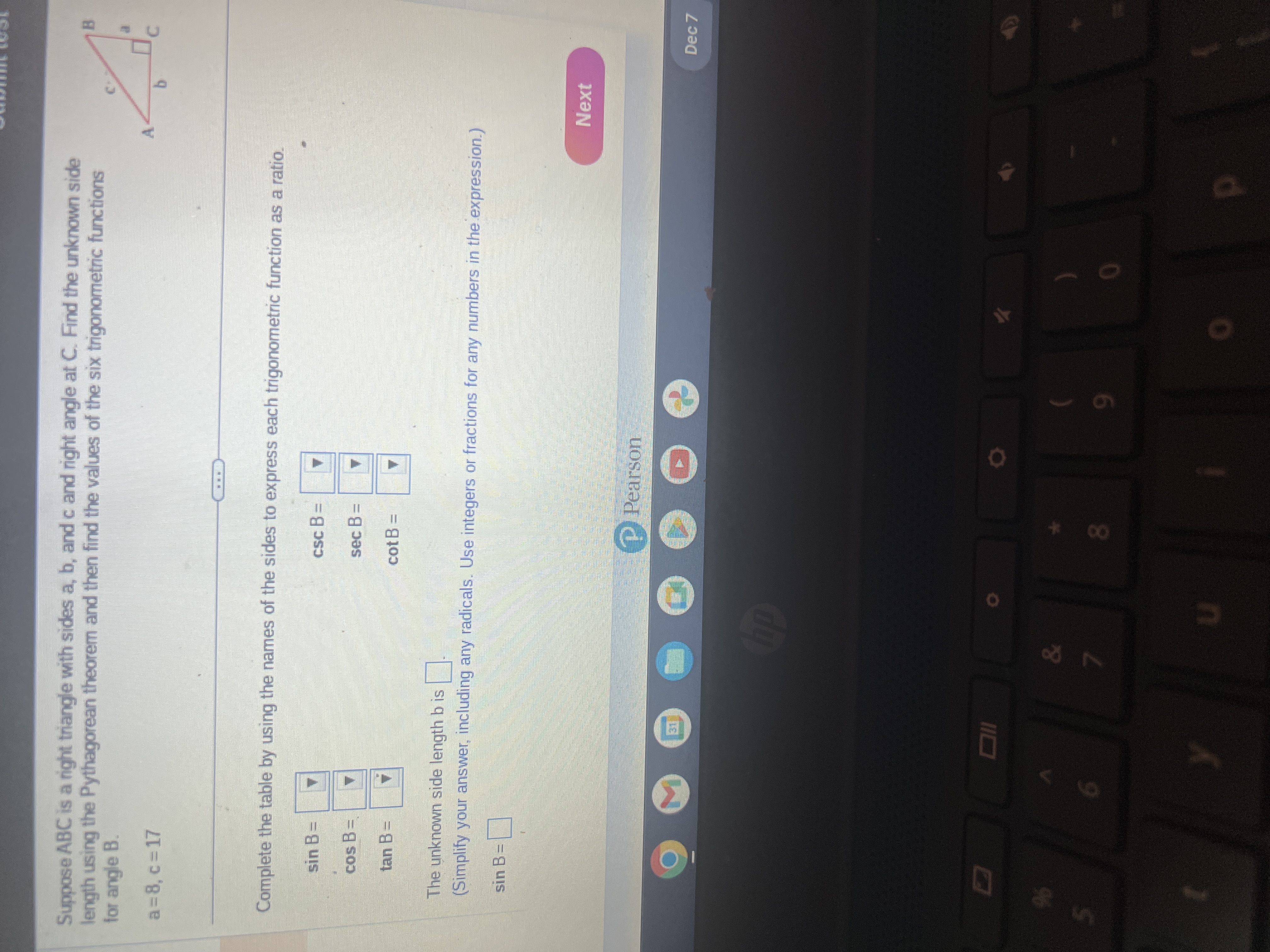 the unknown side unctions for angle B. a=8, c =