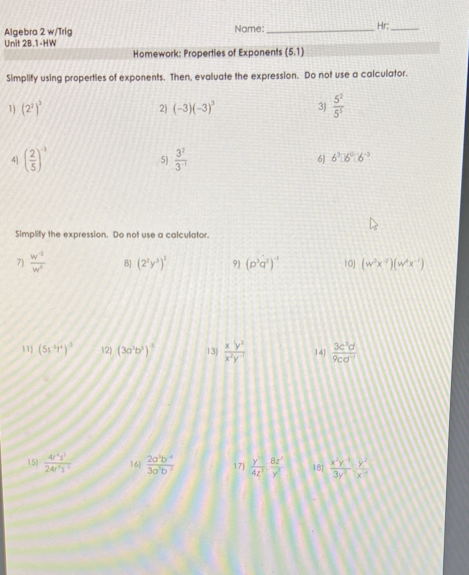 Algebra 2 w/Trig Name: Hr: Unit 28,1-HW Homework: