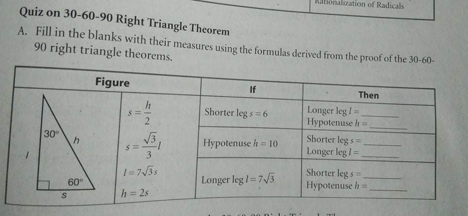 Quiz on 45-45-90 Right Triangle Theorem A. Fill