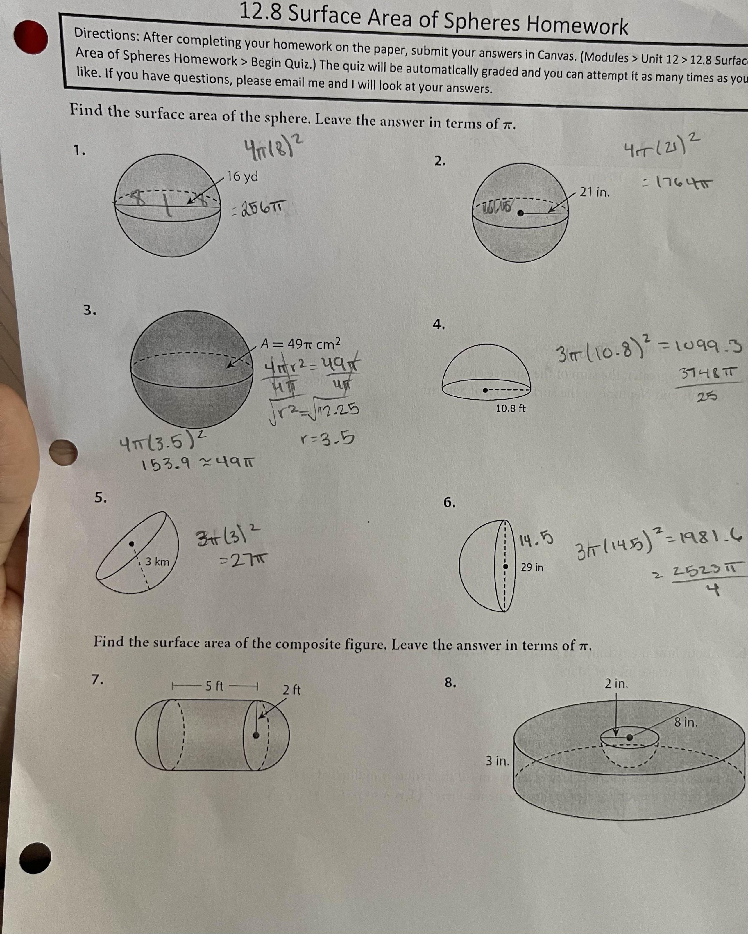 12.8 Surface Area of Spheres Homework Directions: