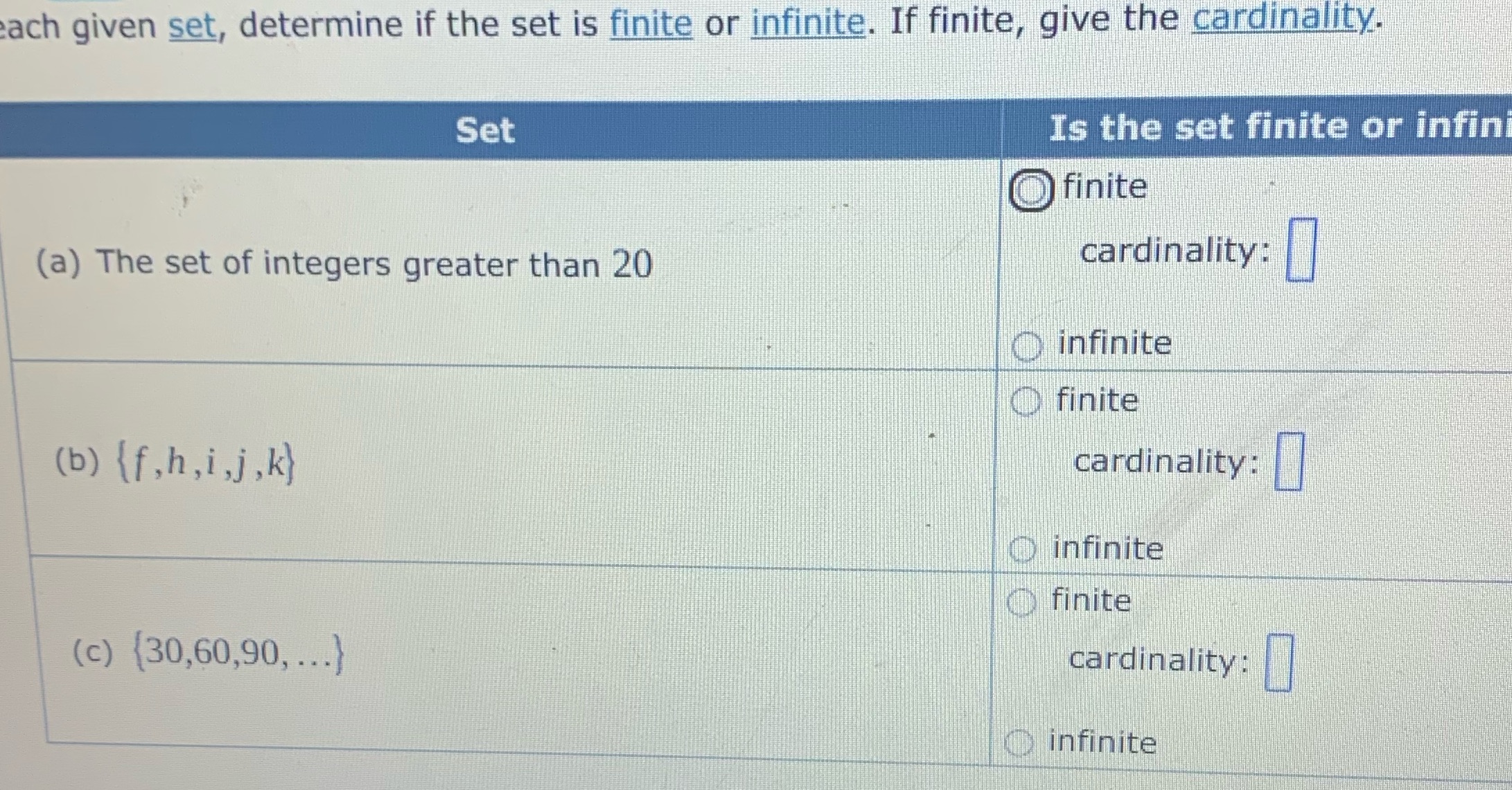 ach given set, determine if the set is finite or