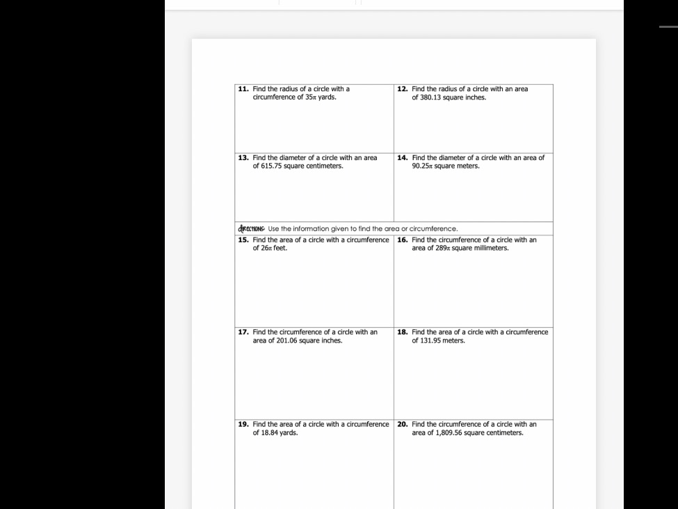 11. Find the radius of a circle with a 12. Find
