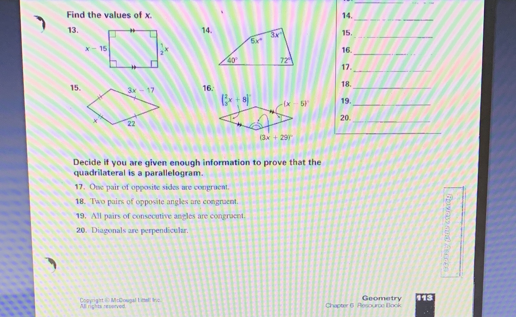Find the values of X. 14 13. 14 3x" 15 5x X - 15