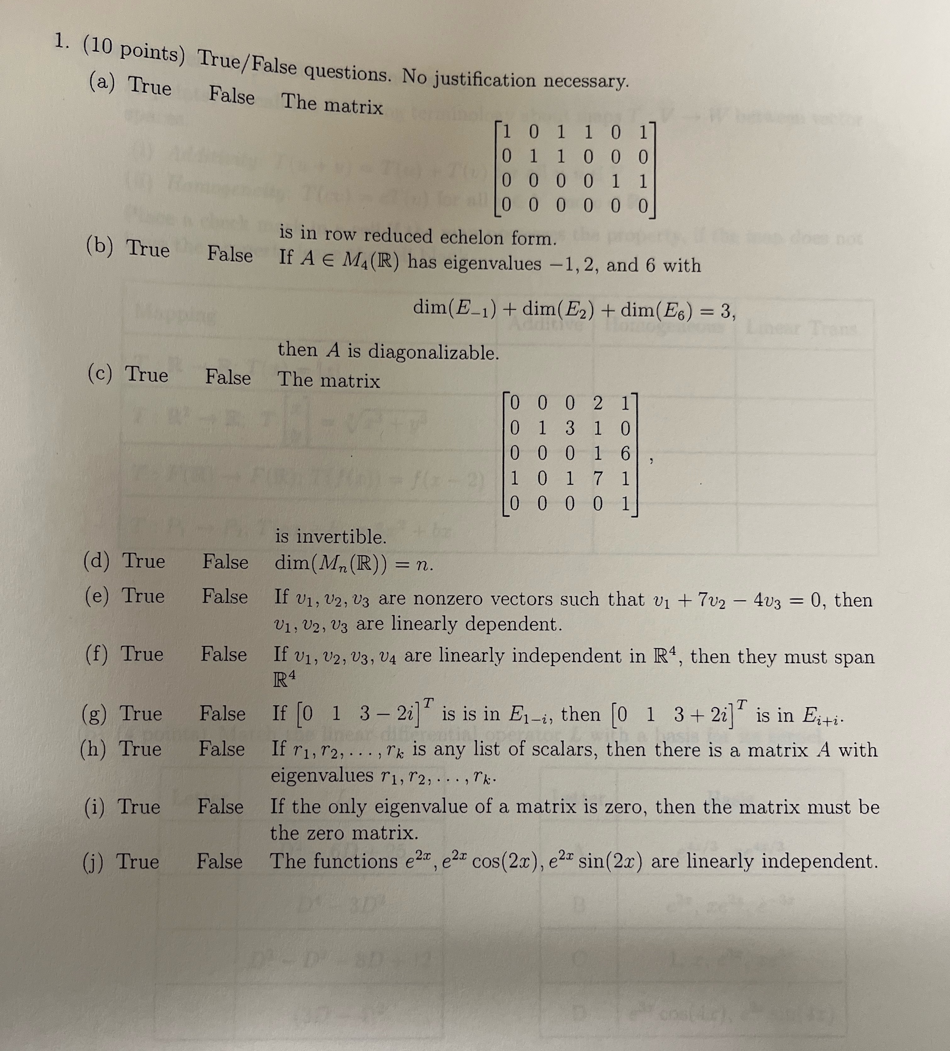 1 1. (10 points) True/False questions. No