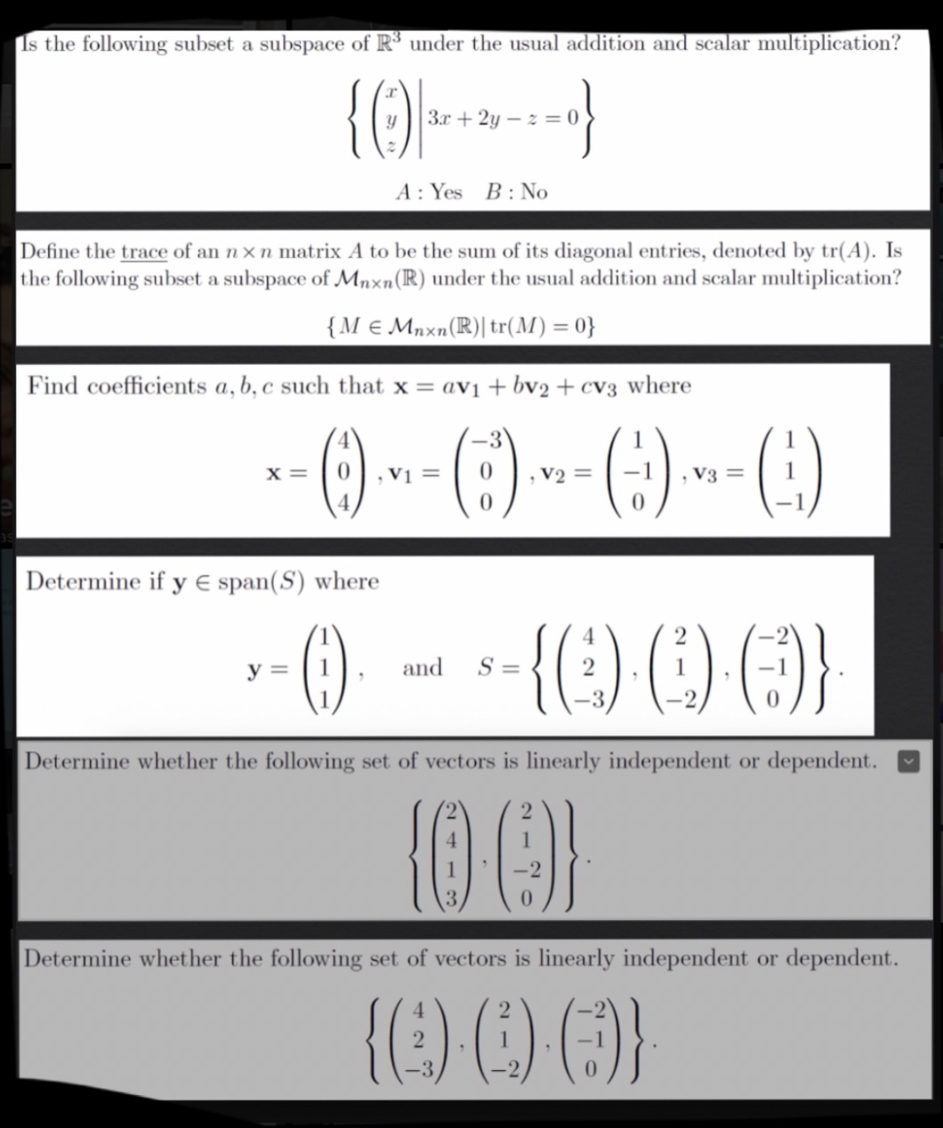 University : Vectors, Subspaces, spanning, etc.