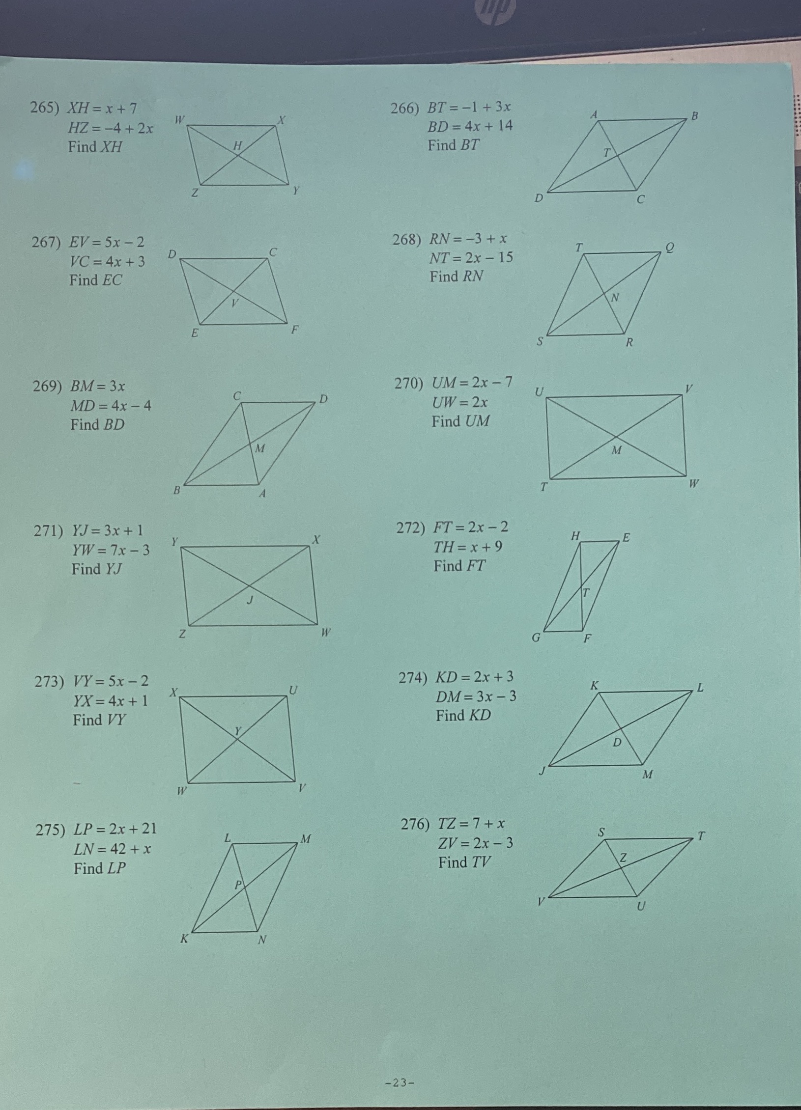 265) XH = x+7 266) BT =-1 +3x HZ = -4+2x W BD =