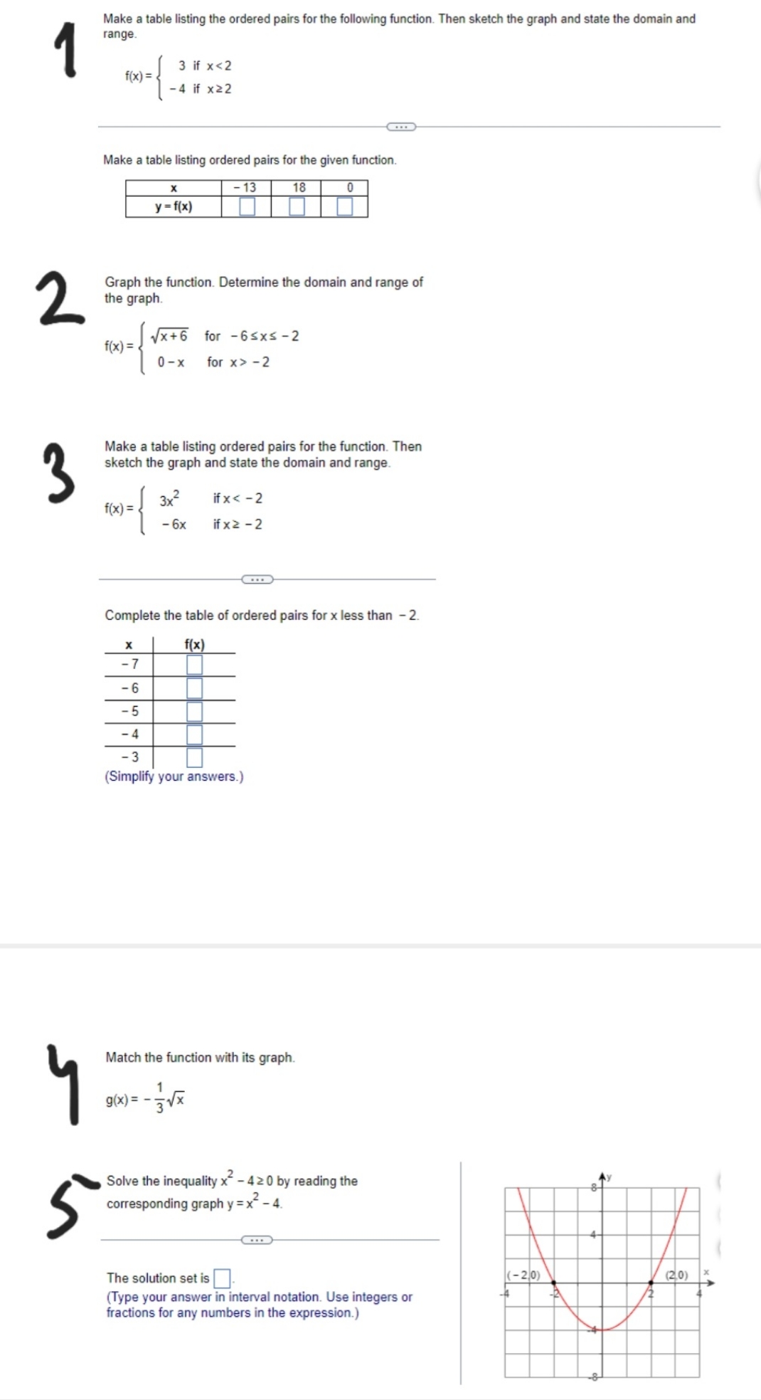 College algebra Make a table listing the ordered