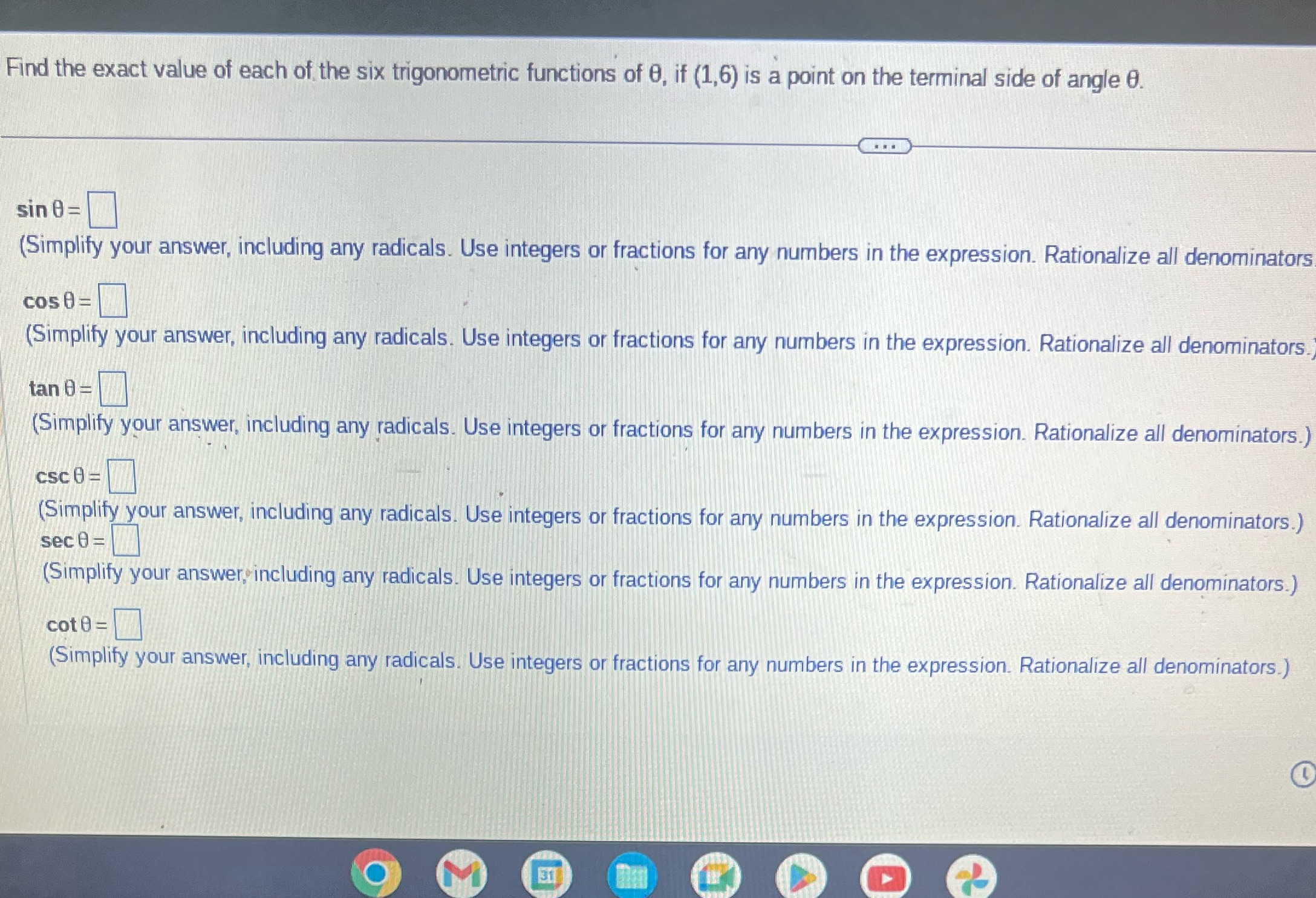 Find the exact value of each of the six