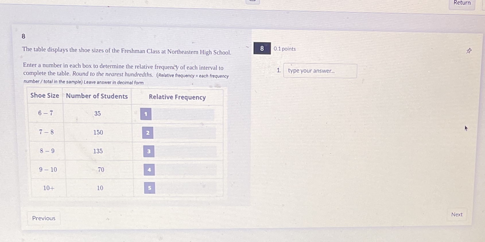 Return 8 The table displays the shoe sizes of the