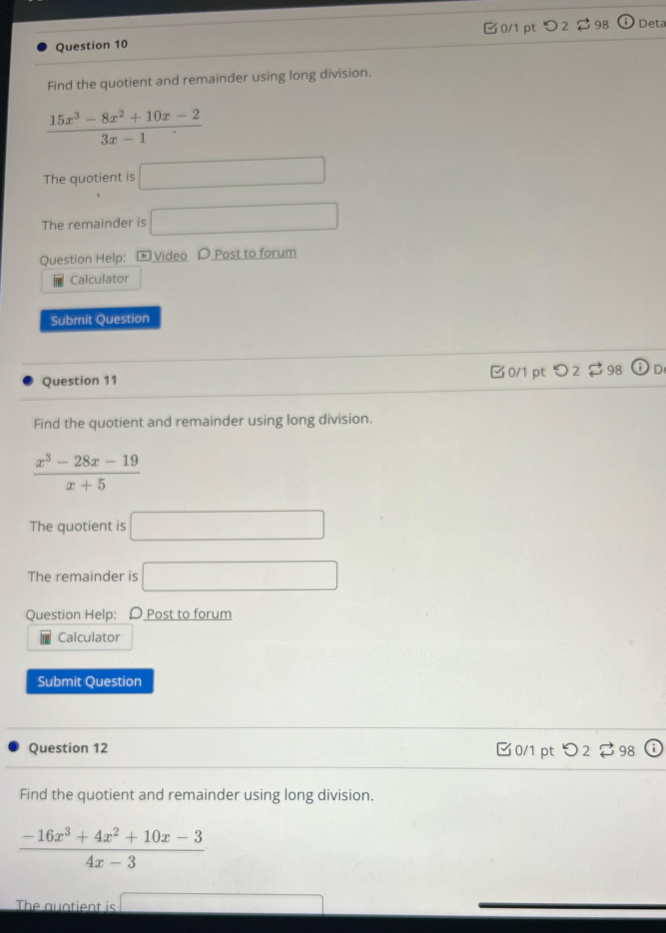 Need help questions 10,11,12 0/1 pt 2 98 0 Deta