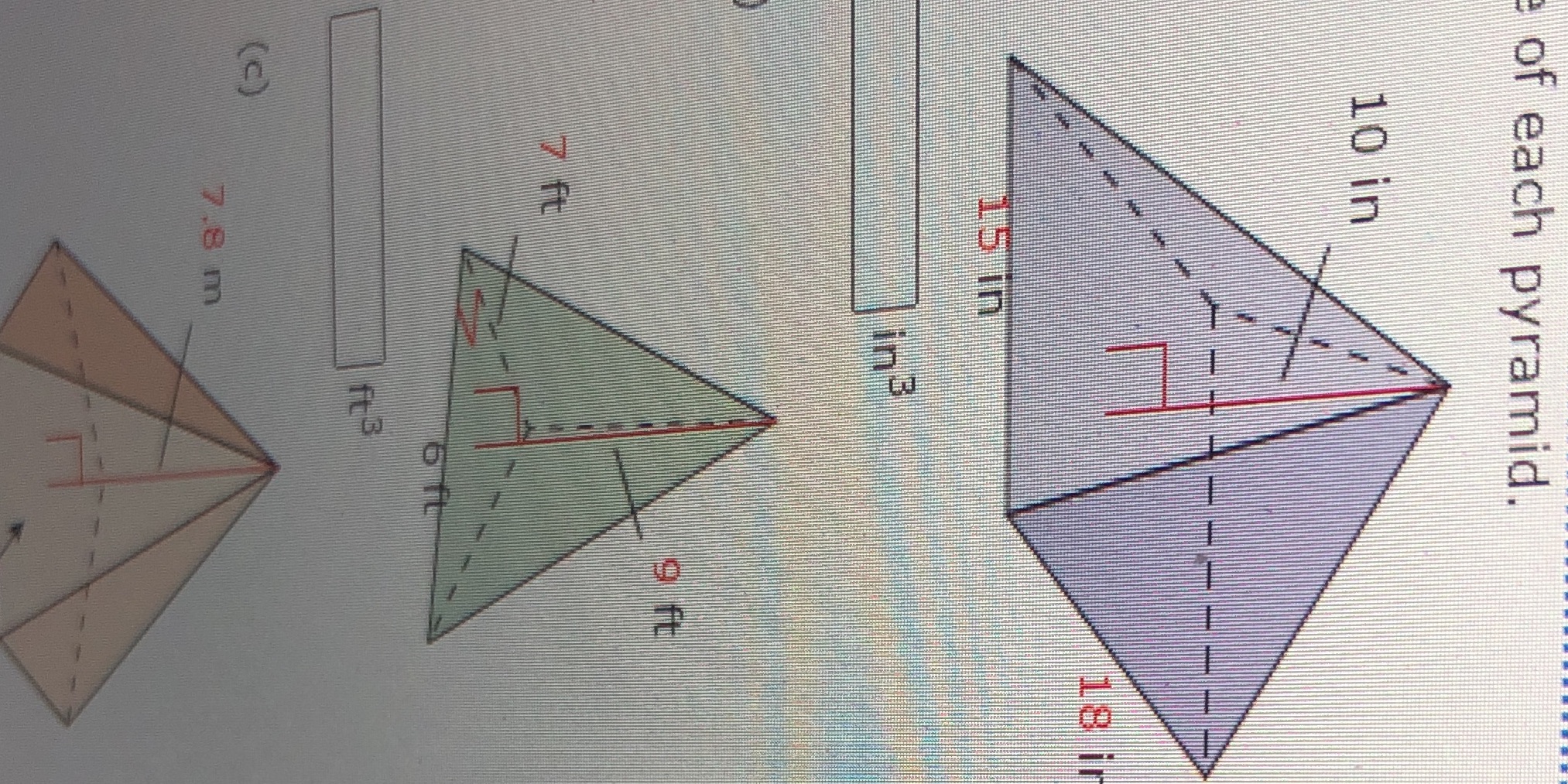 Find the volume of each pyramid. a. 15in, 18in,